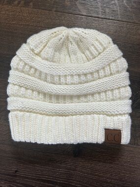 C.C Women’s Ivory Knit Beanie with C.C Leather Patch